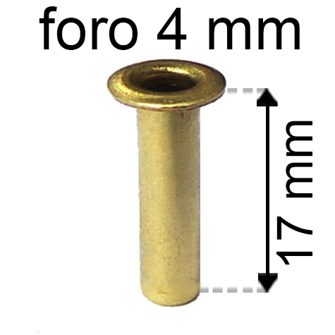 legatoria Occhiello unificato ottone, altezza 17mm (OU) per fori diametro 4mm. Testa diametro 6mm, spessore materiale: 0,3mm.