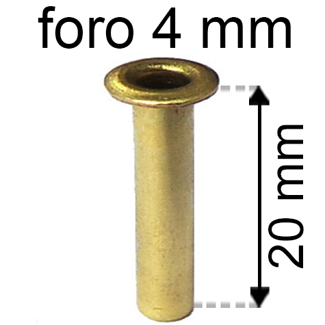 legatoria Occhiello unificato ottone, altezza 20mm (OU) per fori diametro 4mm. Testa diametro 6mm, spessore materiale: 0,3mm.