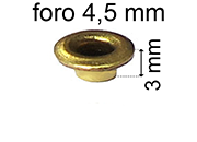 legatoria Occhiello unificato ottone, altezza 3mm (OU) per fori diametro 4,5mm. Testa diametro 6,5mm, spessore materiale: 0,3mm eug139