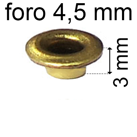 legatoria Occhiello unificato ottone, altezza 3mm (OU) per fori diametro 4,5mm. Testa diametro 6,5mm, spessore materiale: 0,3mm.