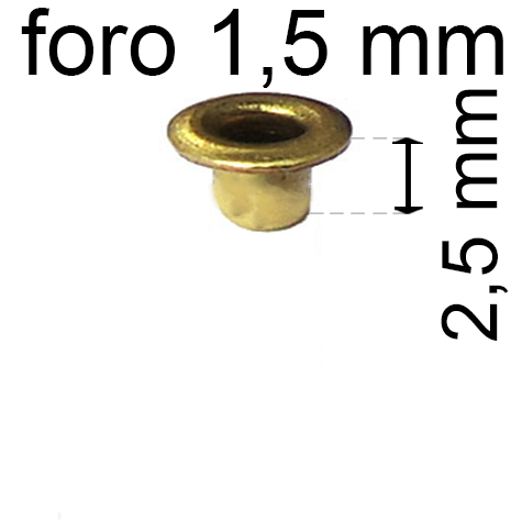 legatoria Occhiello unificato ottone, altezza 2,5mm (OU) per fori diametro 1.5mm. Testa diametro 2,5mm, spessore materiale: 0,2mm.