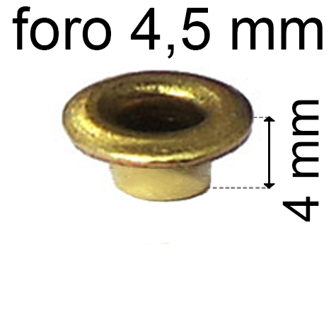 legatoria Occhiello unificato ottone, altezza 4mm (OU) per fori diametro 4,5mm. Testa diametro 6,5mm, spessore materiale: 0,3mm.