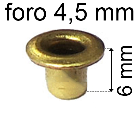 legatoria Occhiello unificato ottone, altezza 6mm (OU) per fori diametro 4,5mm. Testa diametro 6,5mm, spessore materiale: 0,3mm.