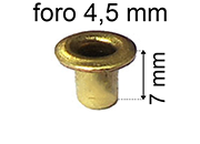 legatoria Occhiello unificato ottone, altezza 7mm (OU) per fori diametro 4,5mm. Testa diametro 6,5mm, spessore materiale: 0,3mm eug145