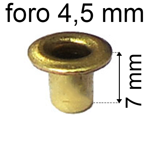 legatoria Occhiello unificato ottone, altezza 7mm (OU) per fori diametro 4,5mm. Testa diametro 6,5mm, spessore materiale: 0,3mm.