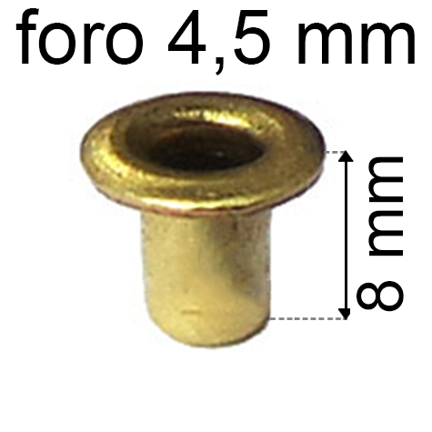 legatoria Occhiello unificato ottone, altezza 8mm (OU) per fori diametro 4,5mm. Testa diametro 6,5mm, spessore materiale: 0,3mm.