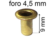 legatoria Occhiello unificato ottone, altezza 9mm (OU) per fori diametro 4,5mm. Testa diametro 6,5mm, spessore materiale: 0,3mm eug147