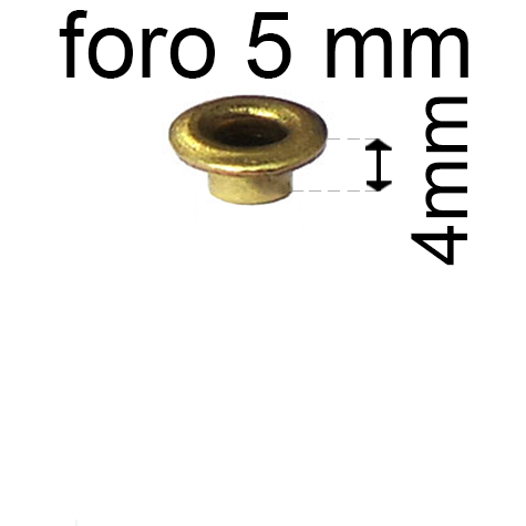 legatoria Occhiello unificato ottone, altezza 4mm (OU) per fori diametro 5mm. Testa diametro 7,5mm, spessore materiale: 0,3mm.