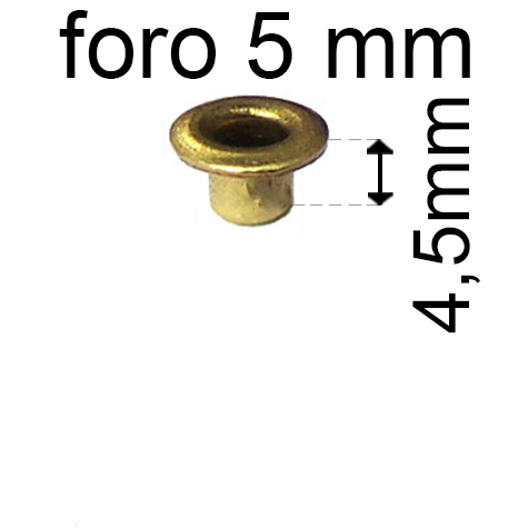 legatoria Occhiello unificato ottone, altezza 4,5mm (OU) per fori diametro 5mm. Testa diametro 7,5mm, spessore materiale: 0,3mm.
