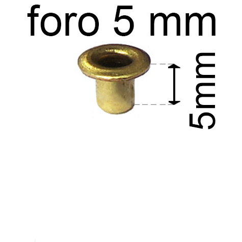 legatoria Occhiello unificato ottone, altezza 5mm (OU) per fori diametro 5mm. Testa diametro 7,5mm, spessore materiale: 0,3mm.