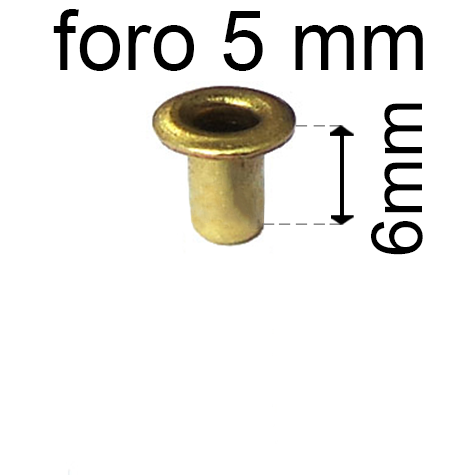 legatoria Occhiello unificato ottone, altezza 6mm (OU) per fori diametro 5mm. Testa diametro 7,5mm, spessore materiale: 0,3mm.