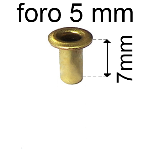 legatoria Occhiello unificato ottone, altezza 7mm (OU) per fori diametro 5mm. Testa diametro 7,5mm, spessore materiale: 0,3mm.
