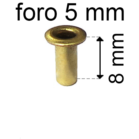 legatoria Occhiello unificato ottone, altezza 8mm (OU) per fori diametro 5mm. Testa diametro 7,5mm, spessore materiale: 0,3mm.