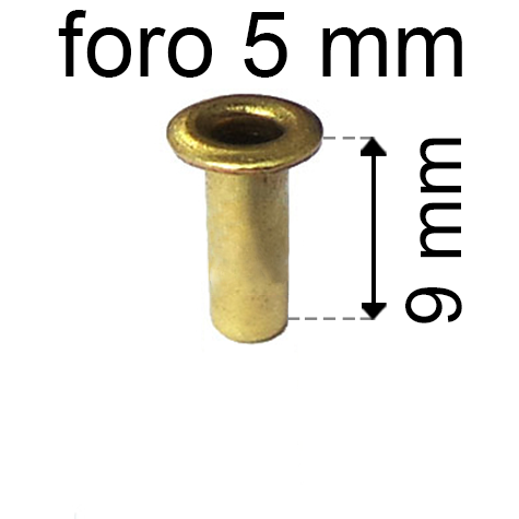 legatoria Occhiello unificato ottone, altezza 9mm (OU) per fori diametro 5mm. Testa diametro 7,5mm, spessore materiale: 0,3mm.