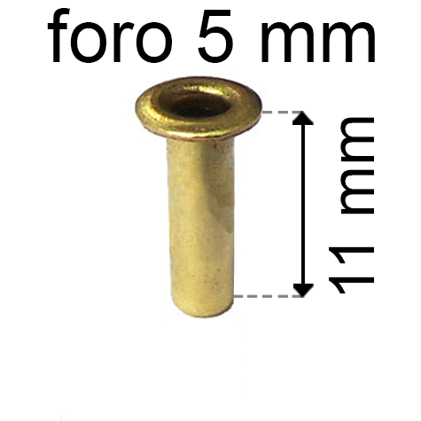 legatoria Occhiello unificato ottone, altezza 11mm (OU) per fori diametro 5mm. Testa diametro 7,5mm, spessore materiale: 0,3mm.
