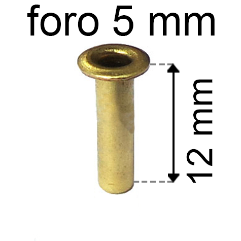 legatoria Occhiello unificato ottone, altezza 12mm (OU) per fori diametro 5mm. Testa diametro 7,5mm, spessore materiale: 0,3mm.