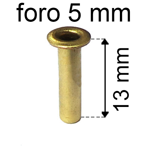 legatoria Occhiello unificato ottone, altezza 13mm (OU) per fori diametro 5mm. Testa diametro 7,5mm, spessore materiale: 0,3mm.
