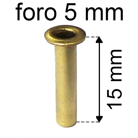 legatoria Occhiello unificato ottone, altezza 15mm (OU) per fori diametro 5mm. Testa diametro 7,5mm, spessore materiale: 0,3mm.