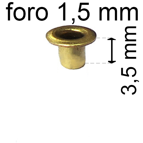 legatoria Occhiello unificato ottone, altezza 3,5mm (OU) per fori diametro 1.5mm. Testa diametro 2,5mm, spessore materiale: 0,2mm.
