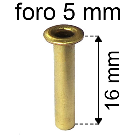 legatoria Occhiello unificato ottone, altezza 16mm (OU) per fori diametro 5mm. Testa diametro 7,5mm, spessore materiale: 0,3mm.