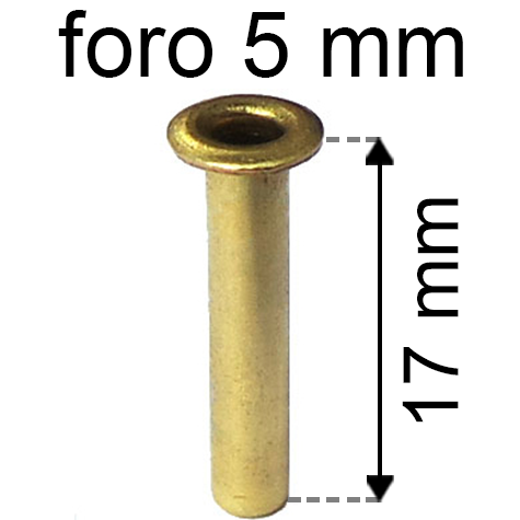legatoria Occhiello unificato ottone, altezza 17mm (OU) per fori diametro 5mm. Testa diametro 7,5mm, spessore materiale: 0,3mm.