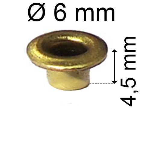 legatoria Occhiello unificato ottone, altezza 4,5mm (OU) per fori diametro 6mm. Testa diametro 8mm, spessore materiale: 0,3mm.