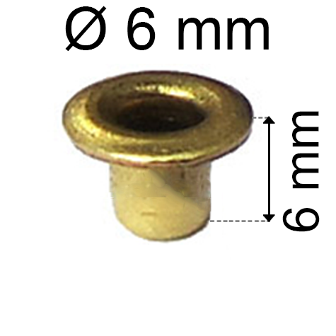 legatoria Occhiello unificato ottone, altezza 6mm (OU) per fori diametro 6mm. Testa diametro 8mm, spessore materiale: 0,3mm.