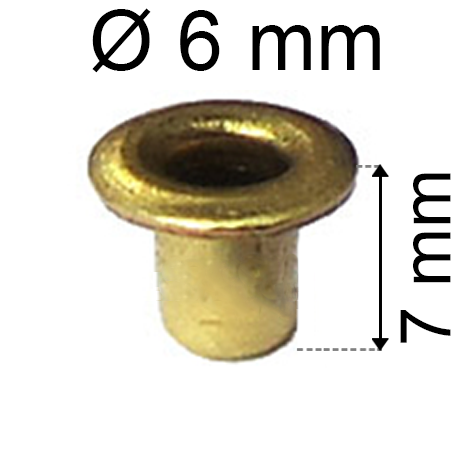 legatoria Occhiello unificato ottone, altezza 7mm (OU) per fori diametro 6mm. Testa diametro 8mm, spessore materiale: 0,3mm.