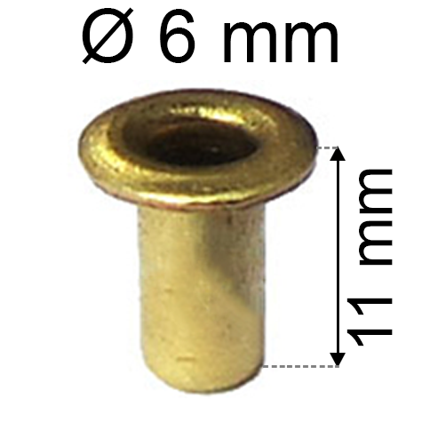 legatoria Occhiello unificato ottone, altezza 11mm (OU) per fori diametro 6mm. Testa diametro 8mm, spessore materiale: 0,3mm.