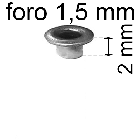 legatoria Occhiello unificato OttoneNICHELATO. altezza 2mm OU NICHELATO per fori diametro 1.5mm. Testa diametro 2,5mm, spessore materiale: 0,2mm.
