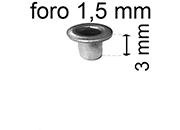 legatoria Occhiello unificato OttoneNICHELATO. altezza 3mm OU NICHELATO per fori diametro 1.5mm. Testa diametro 2,5mm, spessore materiale: 0,2mm eug172