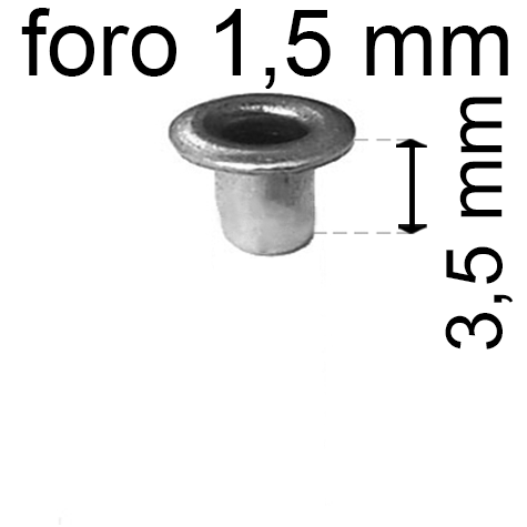 legatoria Occhiello unificato OttoneNICHELATO. altezza 3.5mm OU NICHELATO per fori diametro 1.5mm. Testa diametro 2,5mm, spessore materiale: 0,2mm.