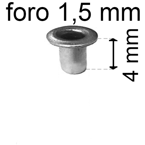 legatoria Occhiello unificato OttoneNICHELATO. altezza 4mm OU NICHELATO per fori diametro 1.5mm. Testa diametro 2,5mm, spessore materiale: 0,2mm.