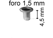 legatoria Occhiello unificato OttoneNICHELATO. altezza 4.5mm OU NICHELATO per fori diametro 1.5mm. Testa diametro 2,5mm, spessore materiale: 0,2mm eug175