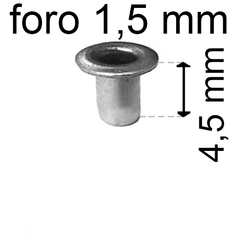 legatoria Occhiello unificato OttoneNICHELATO. altezza 4.5mm OU NICHELATO per fori diametro 1.5mm. Testa diametro 2,5mm, spessore materiale: 0,2mm.