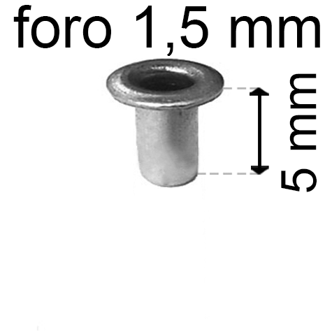 legatoria Occhiello unificato OttoneNICHELATO. altezza 5mm OU NICHELATO per fori diametro 1.5mm. Testa diametro 2,5mm, spessore materiale: 0,2mm.
