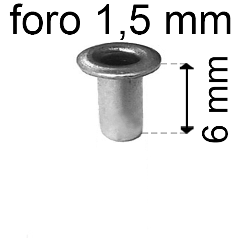 legatoria Occhiello unificato OttoneNICHELATO. altezza 6mm OU NICHELATO per fori diametro 1.5mm. Testa diametro 2,5mm, spessore materiale: 0,2mm.