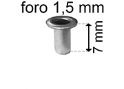 legatoria Occhiello unificato OttoneNICHELATO. altezza 7mm OU NICHELATO per fori diametro 1.5mm. Testa diametro 2,5mm, spessore materiale: 0,2mm eug178