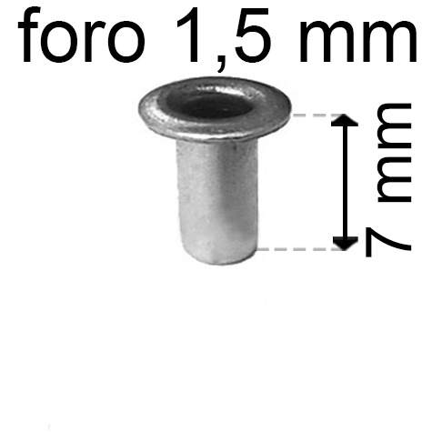 legatoria Occhiello unificato OttoneNICHELATO. altezza 7mm OU NICHELATO per fori diametro 1.5mm. Testa diametro 2,5mm, spessore materiale: 0,2mm.