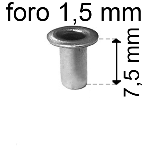 legatoria Occhiello unificato OttoneNICHELATO. altezza 7.5mm OU NICHELATO per fori diametro 1.5mm. Testa diametro 2,5mm, spessore materiale: 0,2mm.