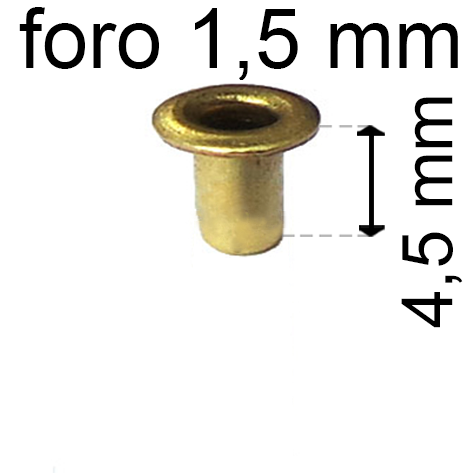 legatoria Occhiello unificato ottone, altezza 4,5mm (OU) per fori diametro 1.5mm. Testa diametro 2,5mm, spessore materiale: 0,2mm.