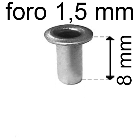 legatoria Occhiello unificato OttoneNICHELATO. altezza 8mm OU NICHELATO per fori diametro 1.5mm. Testa diametro 2,5mm, spessore materiale: 0,2mm.