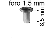 legatoria Occhiello unificato OttoneNICHELATO. altezza 8.5mm OU NICHELATO per fori diametro 1.5mm. Testa diametro 2,5mm, spessore materiale: 0,2mm.
