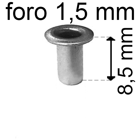 legatoria Occhiello unificato OttoneNICHELATO. altezza 8.5mm OU NICHELATO per fori diametro 1.5mm. Testa diametro 2,5mm, spessore materiale: 0,2mm.