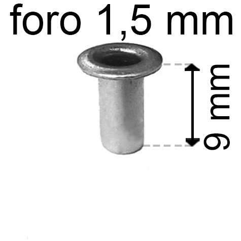 legatoria Occhiello unificato OttoneNICHELATO. altezza 9mm OU NICHELATO per fori diametro 1.5mm. Testa diametro 2,5mm, spessore materiale: 0,2mm.