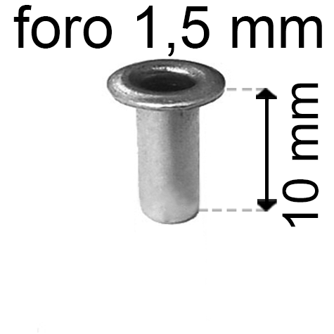 legatoria Occhiello unificato OttoneNICHELATO. altezza 10mm OU NICHELATO per fori diametro 1.5mm. Testa diametro 2,5mm, spessore materiale: 0,2mm.