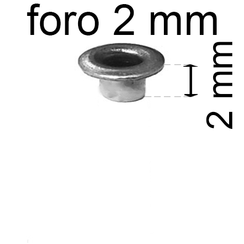 legatoria Occhiello unificato OttoneNICHELATO. altezza 2mm OU NICHELATO per fori diametro 2mm. Testa diametro 3,5mm, spessore materiale: 0,25mm.