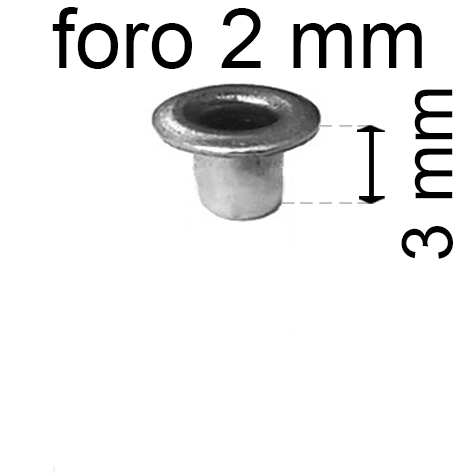 legatoria Occhiello unificato OttoneNICHELATO. altezza 3mm OU NICHELATO per fori diametro 2mm. Testa diametro 3,5mm, spessore materiale: 0,25mm.