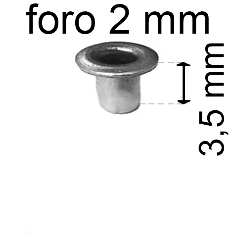 legatoria Occhiello unificato OttoneNICHELATO. altezza 3.5mm OU NICHELATO per fori diametro 2mm. Testa diametro 3,5mm, spessore materiale: 0,25mm.