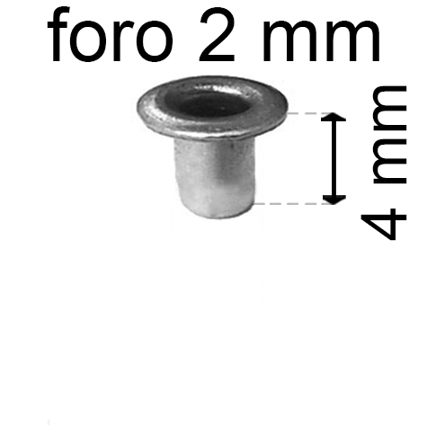 legatoria Occhiello unificato OttoneNICHELATO. altezza 4mm OU NICHELATO per fori diametro 2mm. Testa diametro 3,5mm, spessore materiale: 0,25mm.